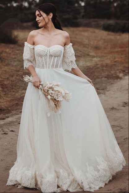 Lace See Through Corset Boho Wedding Dress With Sleeves