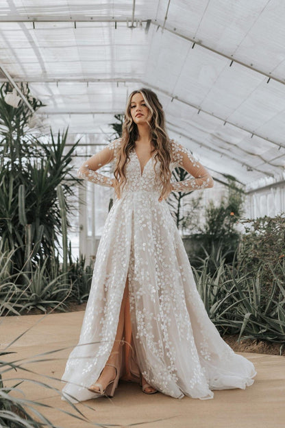 A Line Unique V Neck Sleeves Appliques Bridal Gown With Slit