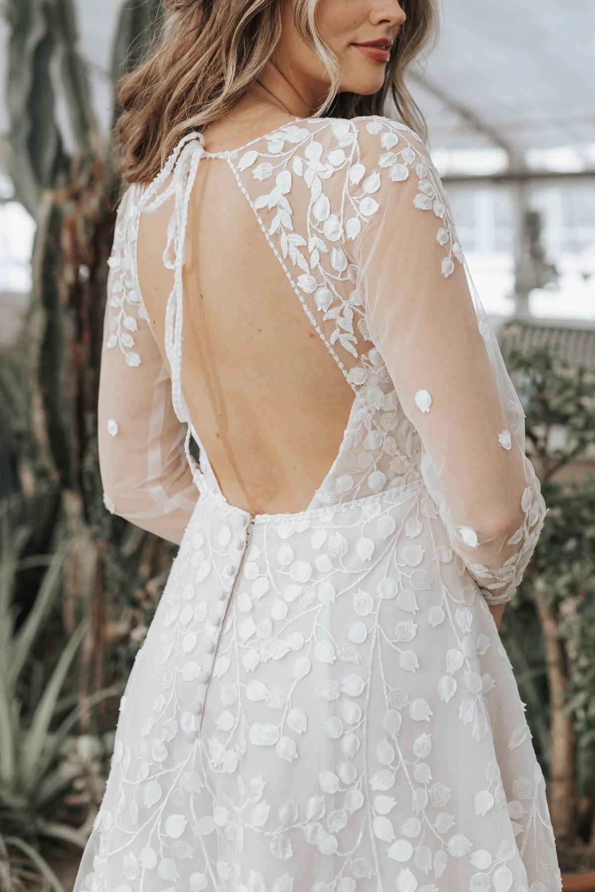 A Line Unique V Neck Sleeves Appliques Bridal Gown With Slit