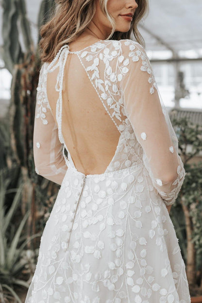 A Line Unique V Neck Sleeves Appliques Bridal Gown With Slit