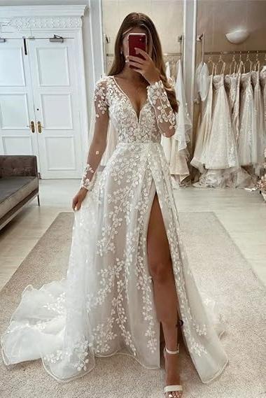 A Line Unique V Neck Sleeves Appliques Bridal Gown With Slit