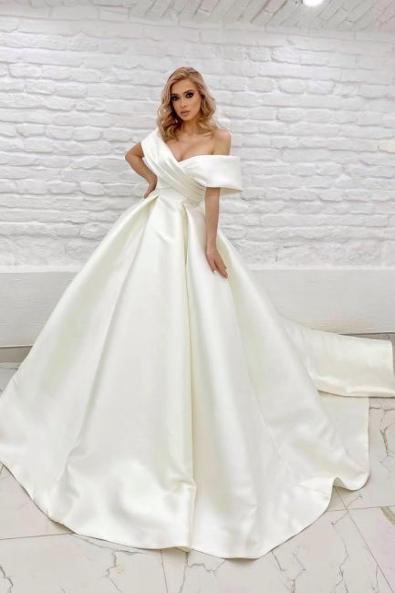 A Line Wedding Dress Off The Shoulder Ivory Sleeveless Bridal Gown