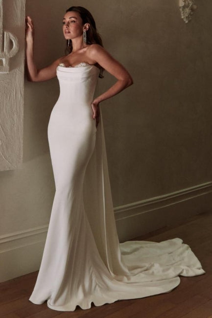 Ivory Wedding Dress Mermaid Strapless Satin Bridal Gown With Lace