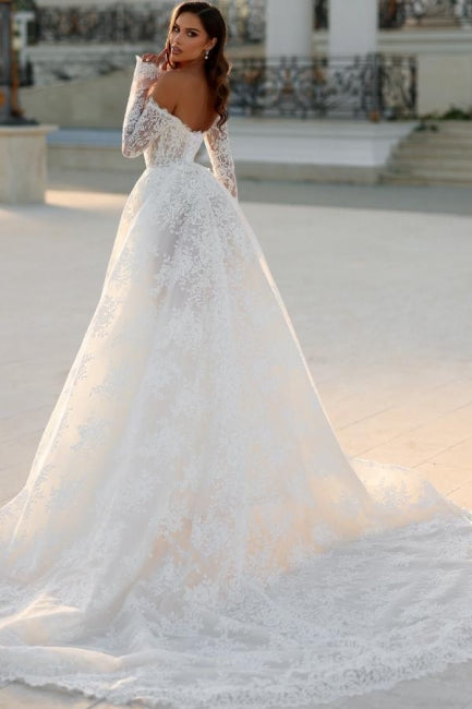 White Wedding Dress A Line Off The Shoulder Lace Bridal Gown With Sleeves