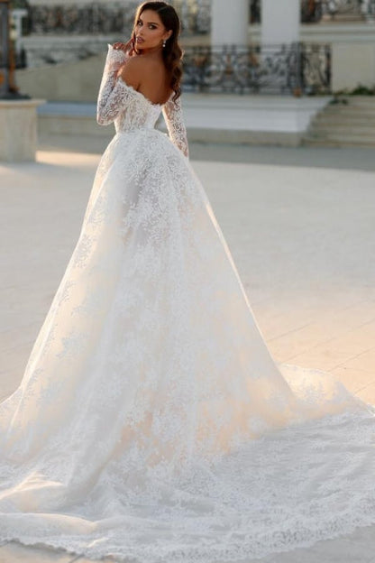 White Wedding Dress A Line Off The Shoulder Lace Bridal Gown With Sleeves