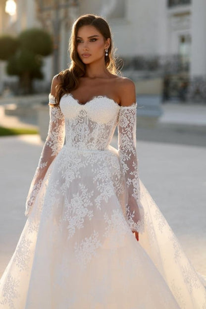 White Wedding Dress A Line Off The Shoulder Lace Bridal Gown With Sleeves