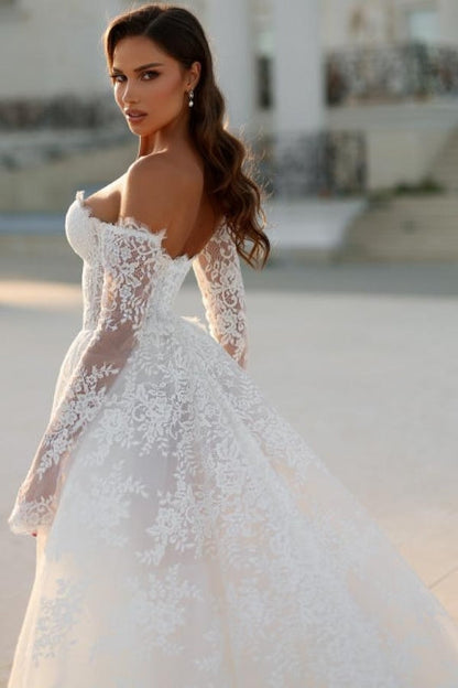 White Wedding Dress A Line Off The Shoulder Lace Bridal Gown With Sleeves
