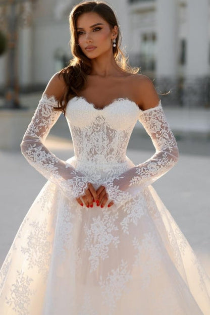 White Wedding Dress A Line Off The Shoulder Lace Bridal Gown With Sleeves