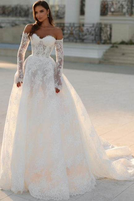 White Wedding Dress A Line Off The Shoulder Lace Bridal Gown With Sleeves
