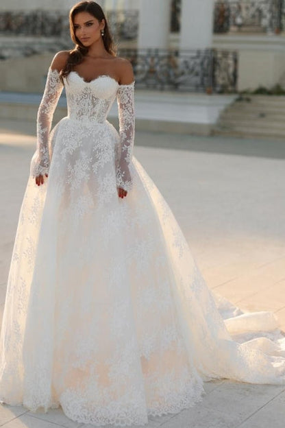 White Wedding Dress A Line Off The Shoulder Lace Bridal Gown With Sleeves