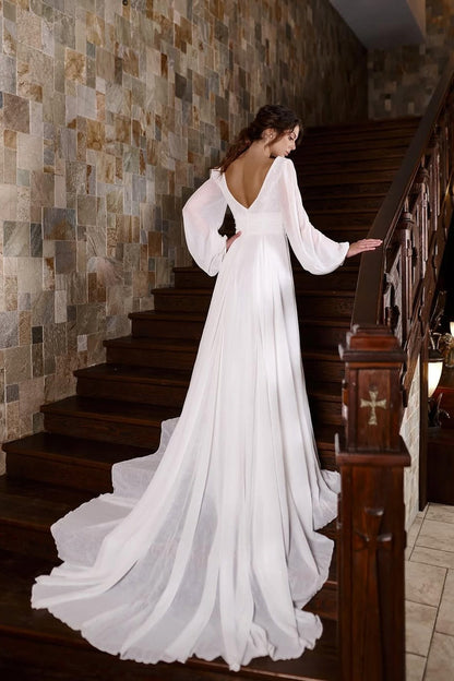 Long Sleeve Beach Wedding Dress V Neck A Line Bridal Gown with Slit