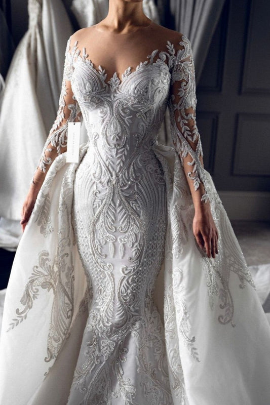 Long Sleeve Wedding Dress Ivory Mermaid Crew Neck Bridal Gown with Detachable Train