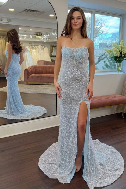 Luxurious Mermaid Strapless Light Blue Corset Prom Dress