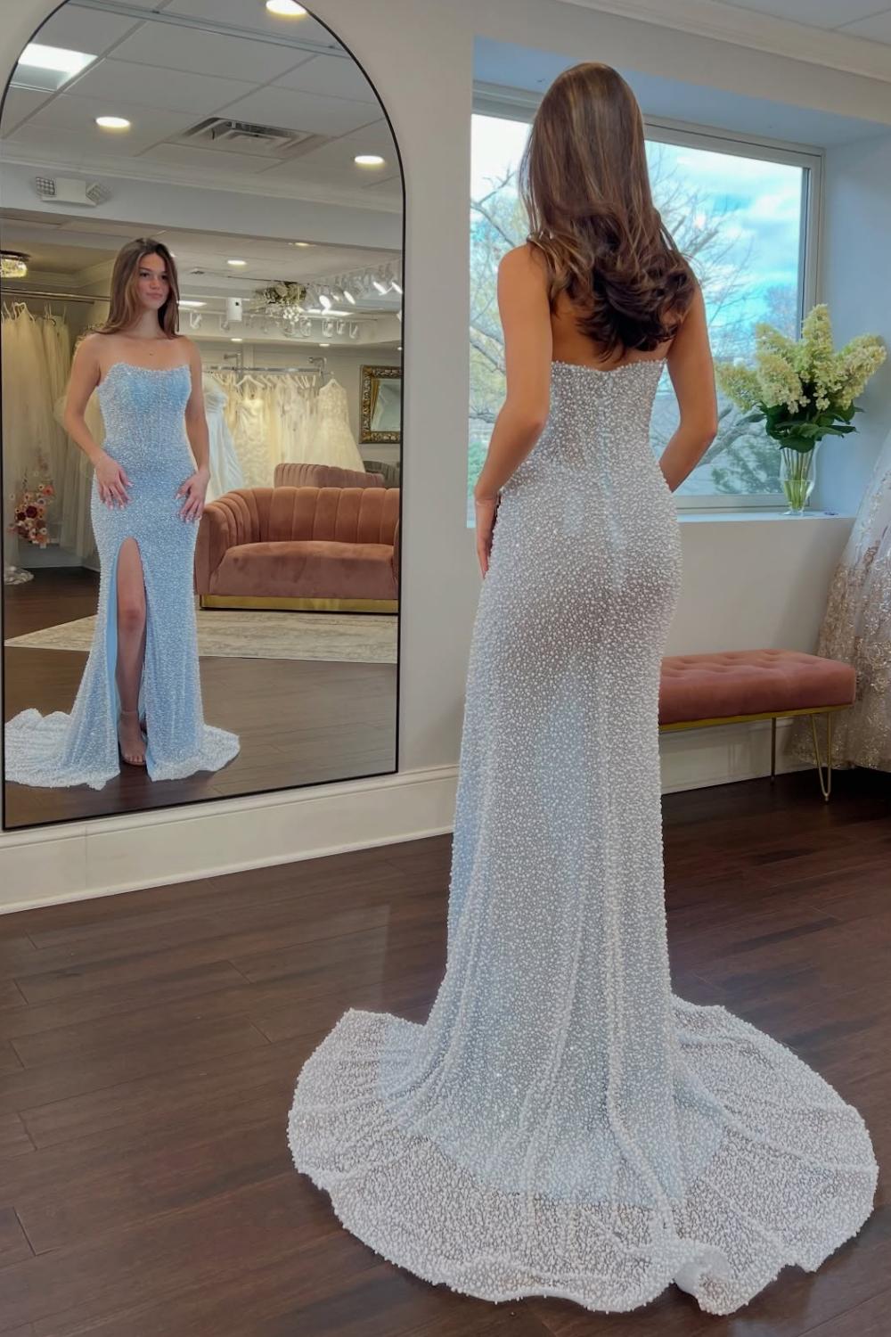 Luxurious Mermaid Strapless Light Blue Corset Prom Dress