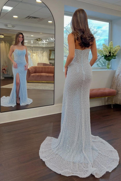 Luxurious Mermaid Strapless Light Blue Corset Prom Dress