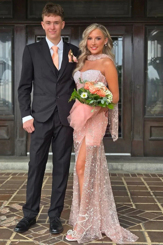 Luxurious Mermaid Strapless Pink Corset Prom Dress with Pearls