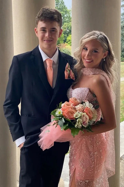 Luxurious Mermaid Strapless Pink Corset Prom Dress with Pearls