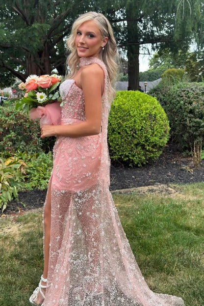 Luxurious Mermaid Strapless Pink Corset Prom Dress with Pearls