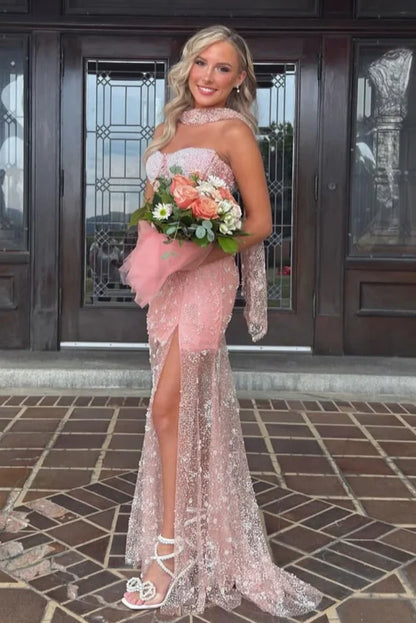 Luxurious Mermaid Strapless Pink Corset Prom Dress with Pearls
