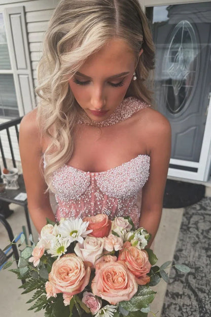 Luxurious Mermaid Strapless Pink Corset Prom Dress with Pearls