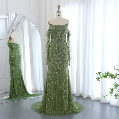 Luxury Dubai Mermaid Green Evening Dresses with Gloves SS606