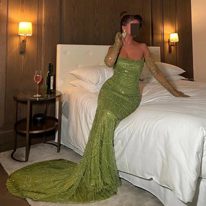 Luxury Dubai Mermaid Green Evening Dresses with Gloves SS606