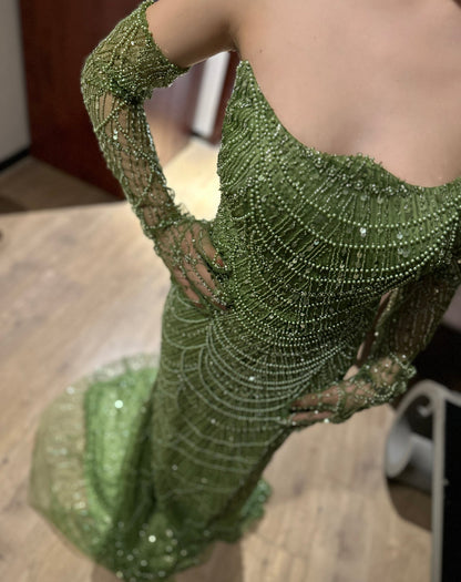 Luxury Dubai Mermaid Green Evening Dresses with Gloves SS606