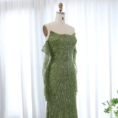 Luxury Dubai Mermaid Green Evening Dresses with Gloves SS606