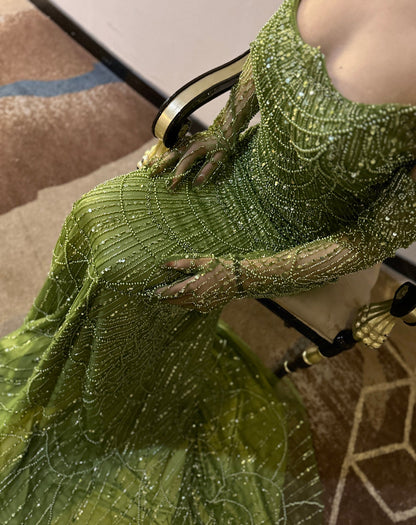 Luxury Dubai Mermaid Green Evening Dresses with Gloves SS606