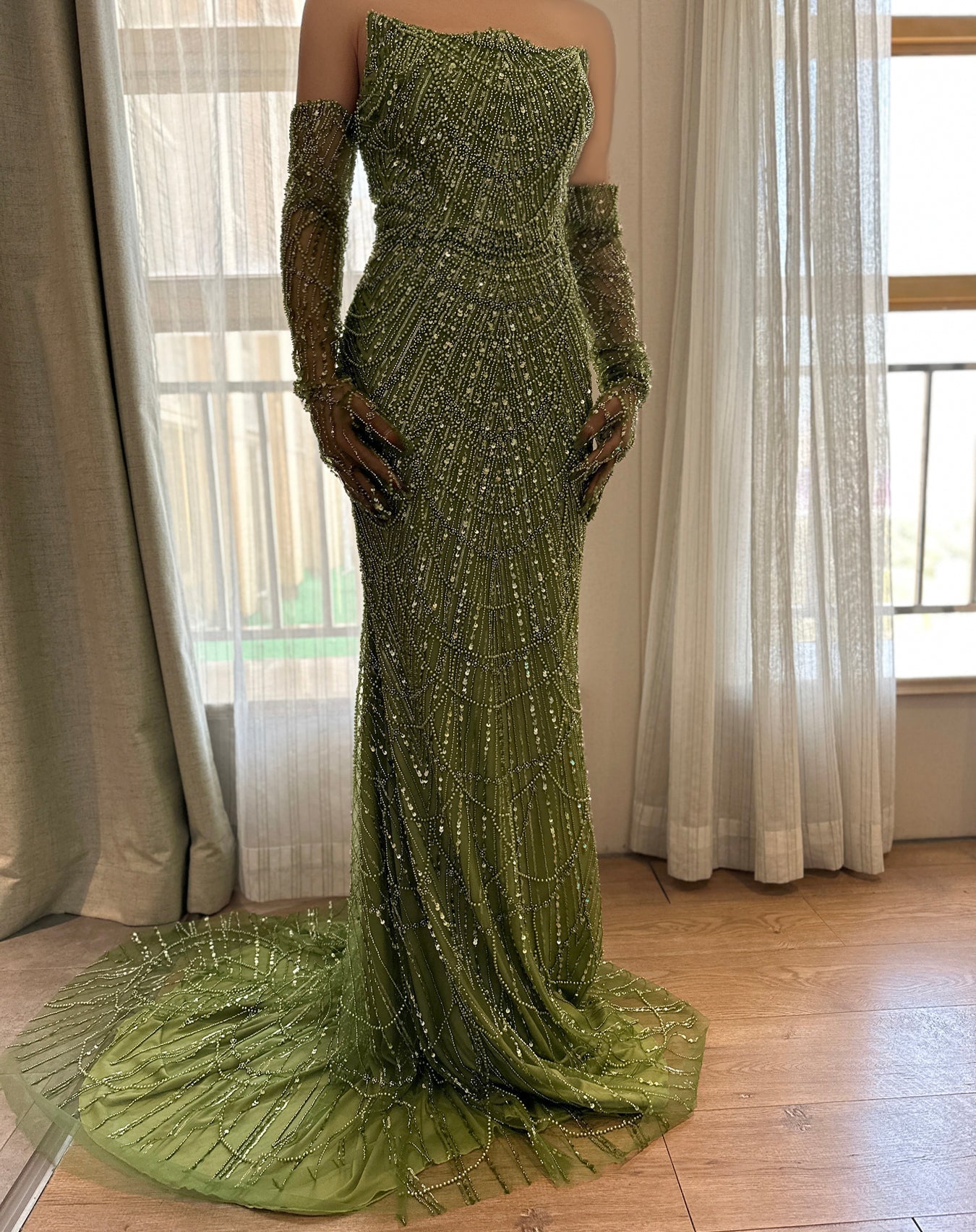 Luxury Dubai Mermaid Green Evening Dresses with Gloves SS606