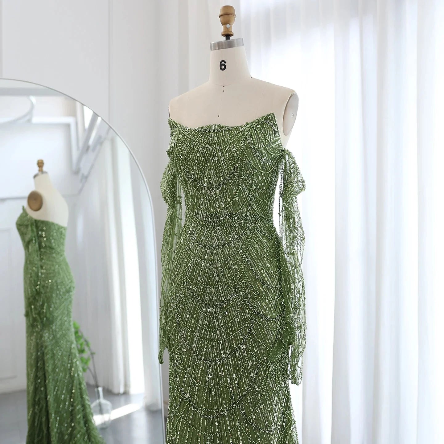 Luxury Dubai Mermaid Green Evening Dresses with Gloves SS606