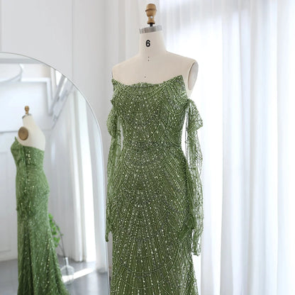 Luxury Dubai Mermaid Green Evening Dresses with Gloves SS606