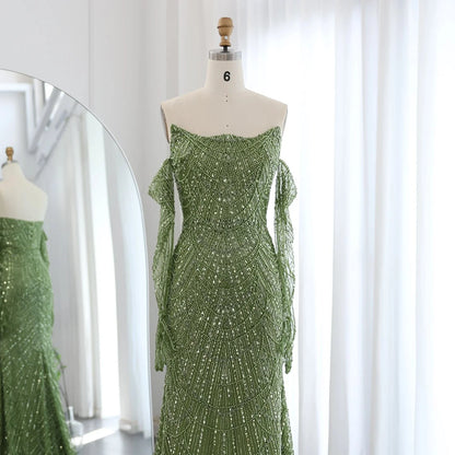 Luxury Dubai Mermaid Green Evening Dresses with Gloves SS606