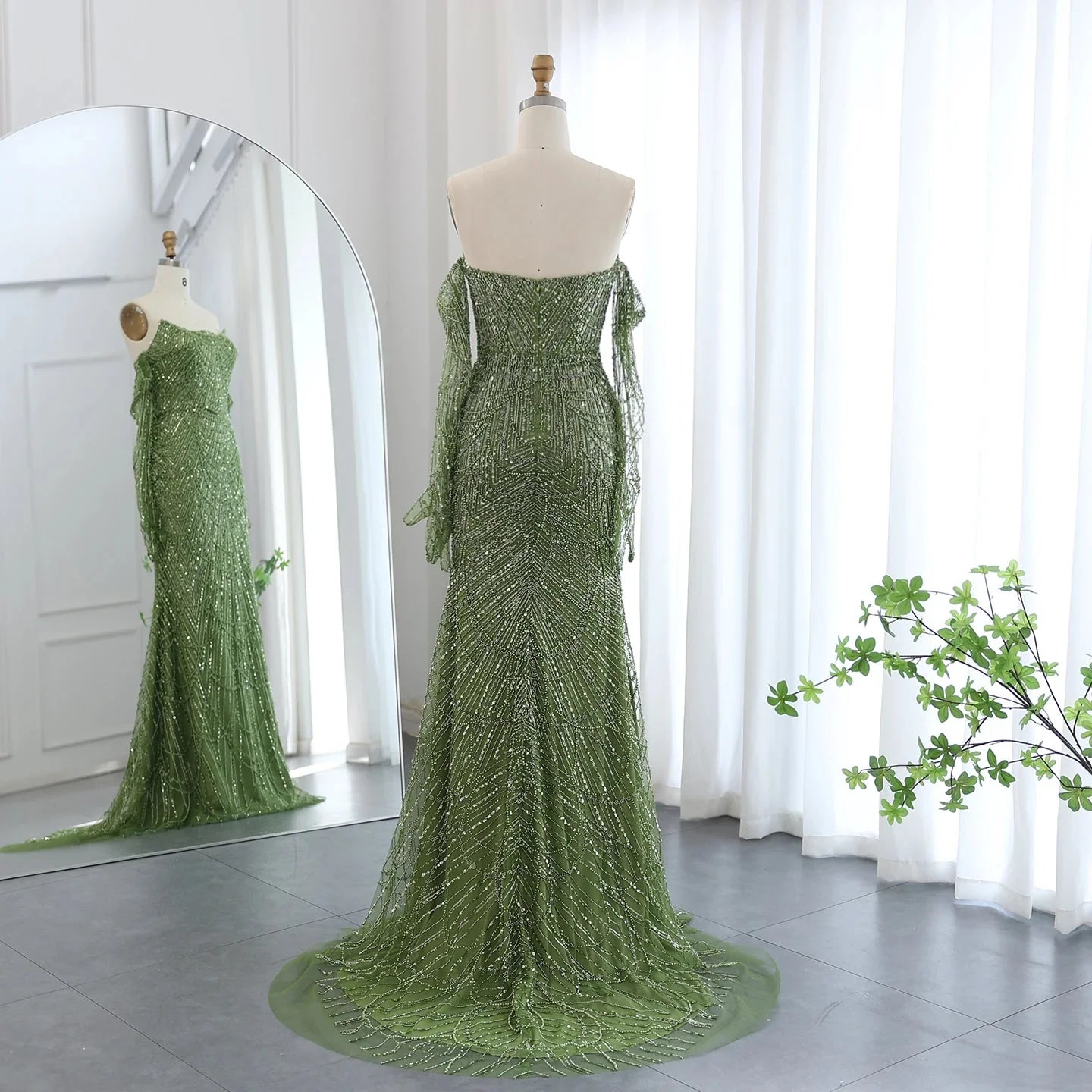 Luxury Dubai Mermaid Green Evening Dresses with Gloves SS606