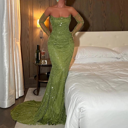 Luxury Dubai Mermaid Green Evening Dresses with Gloves SS606