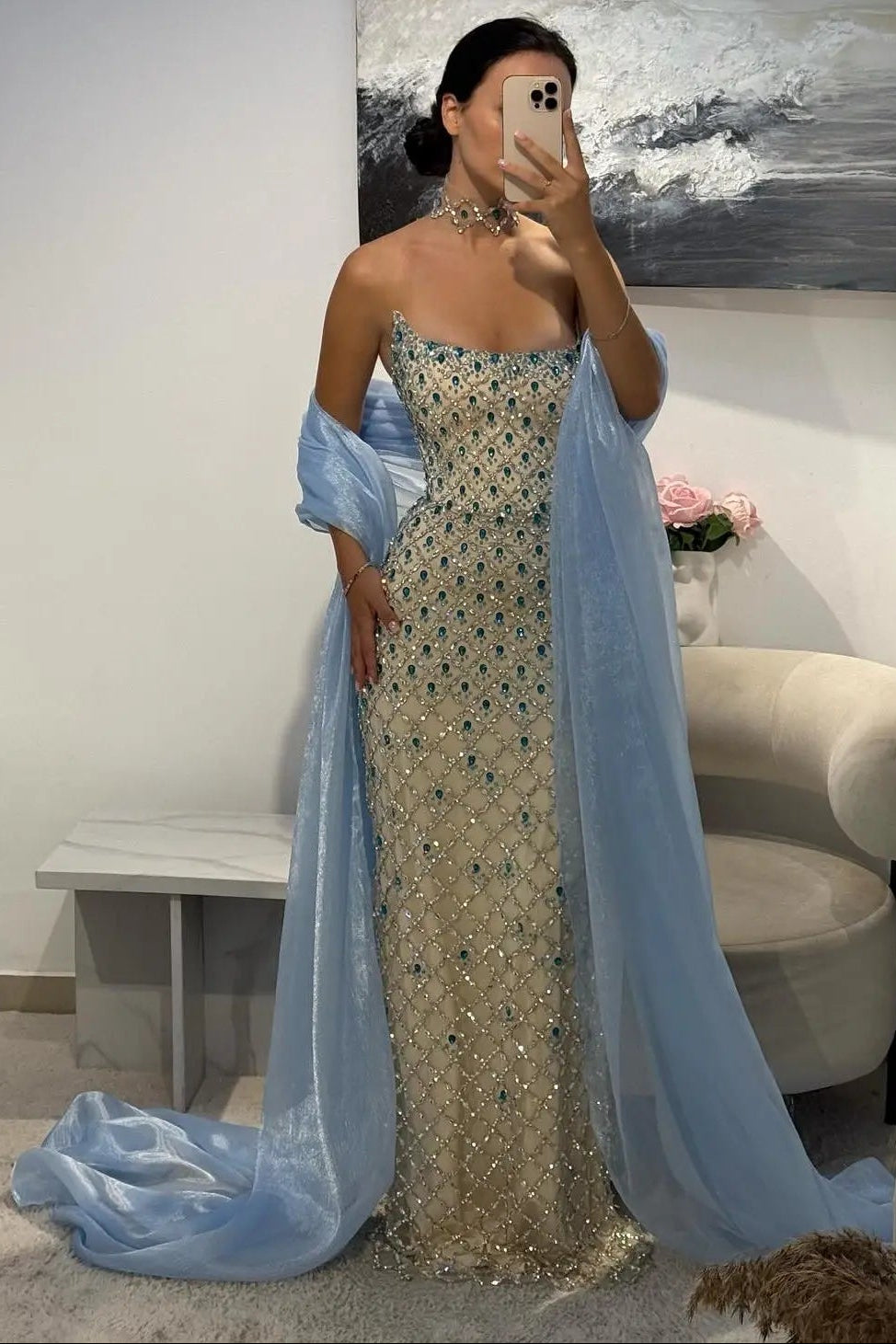 Luxury Crystal Beaded Column Evening Dress
