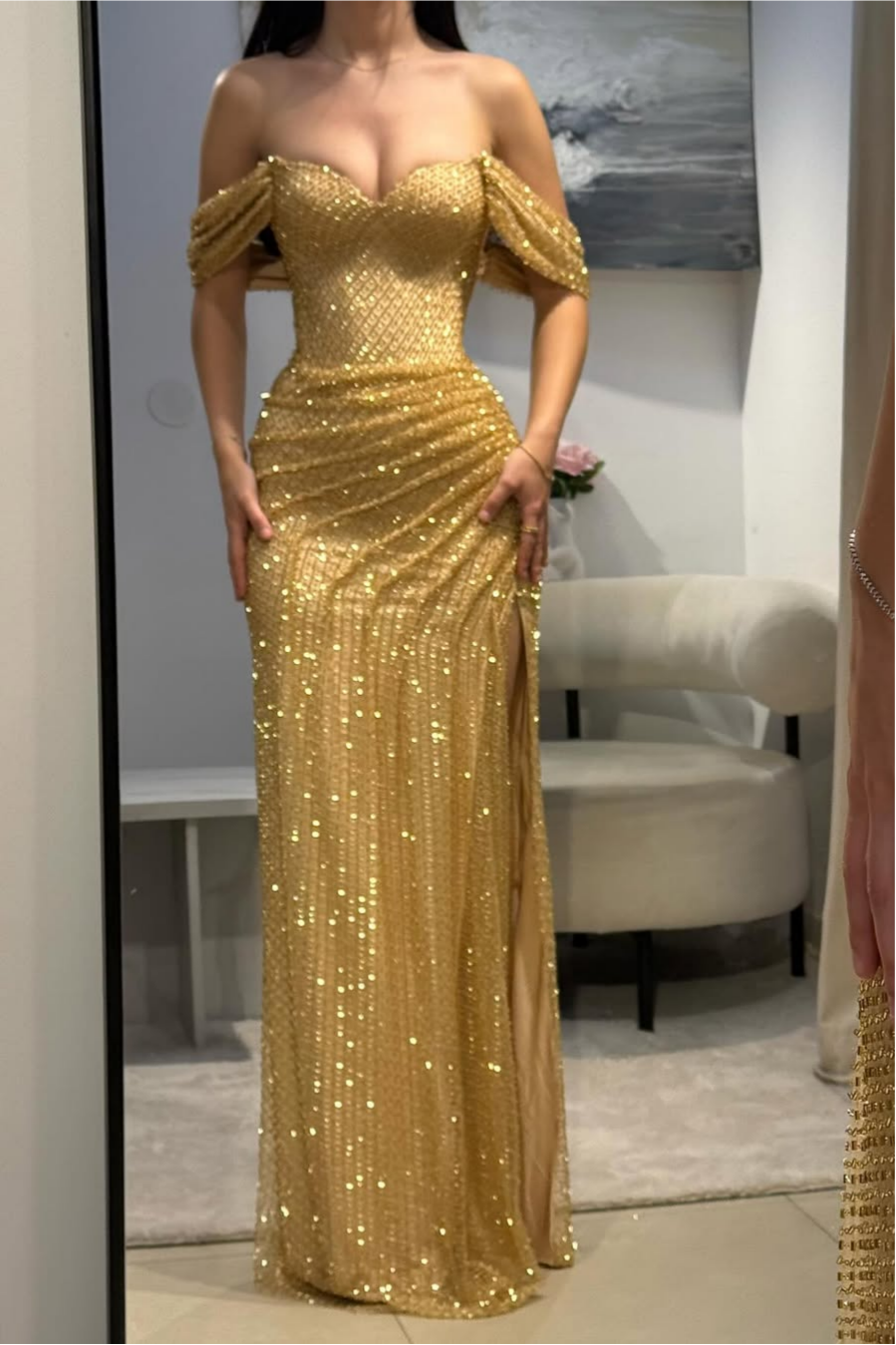 Luxury Gold Glitter Off-Shoulder Beaded Mermaid Prom Gown
