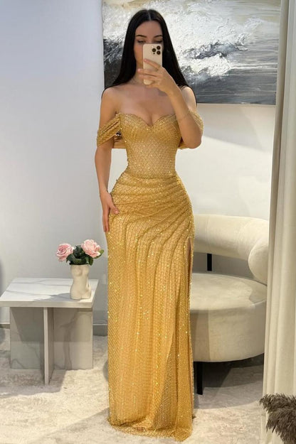 Luxury Gold Glitter Off-Shoulder Beaded Mermaid Prom Gown