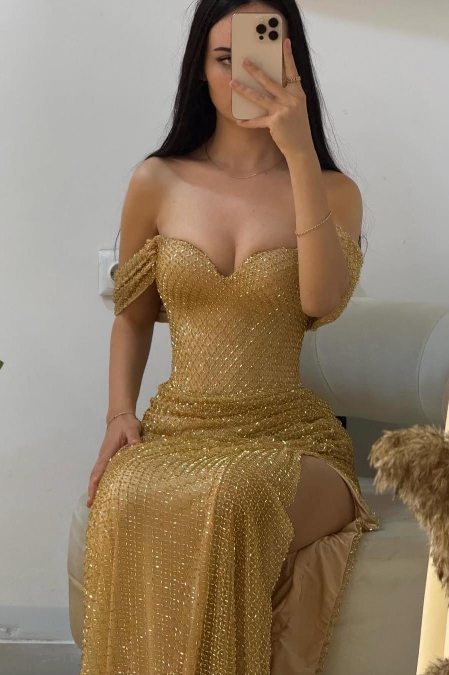 Luxury Gold Glitter Off-Shoulder Beaded Mermaid Prom Gown