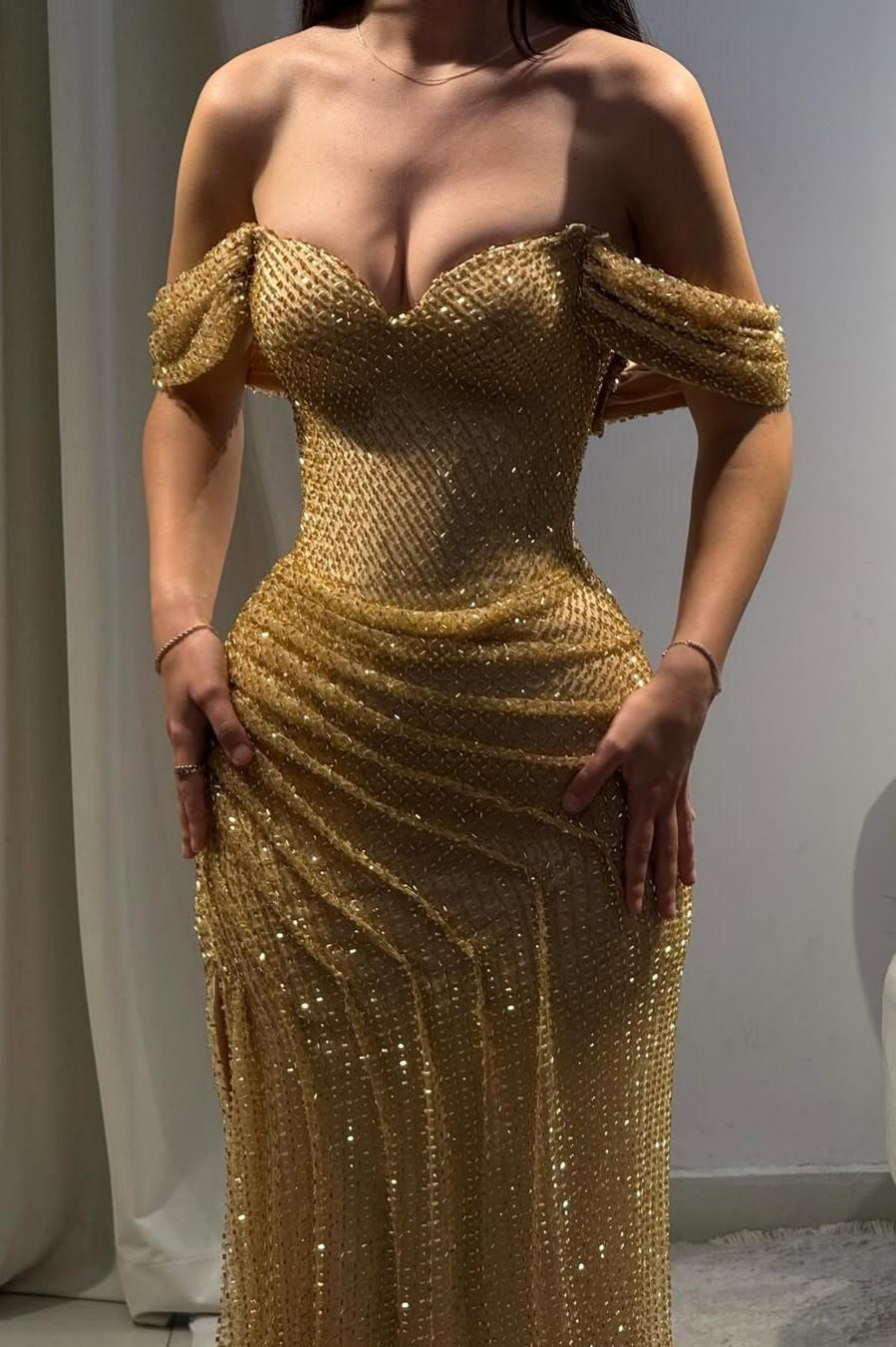 Luxury Gold Glitter Off-Shoulder Beaded Mermaid Prom Gown