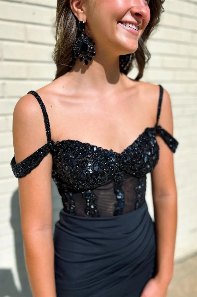 Elegant Black Sequin Cold-Shoulder Formal Dress with Side Slit