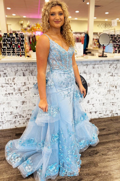 Blue Sequin Lace V-Neck Pageant Dress with Attached Train
