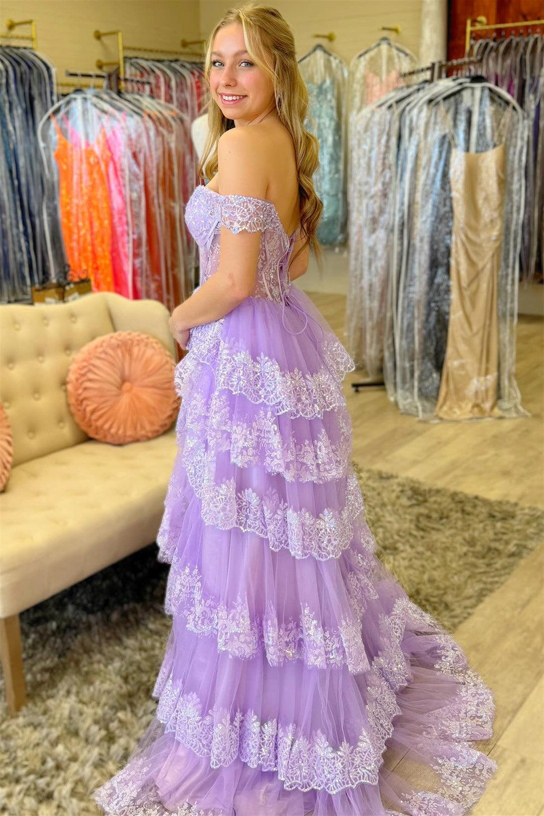 Pink Sequin Appliques Off-the-Shoulder Ruffle Tiered Long Gown