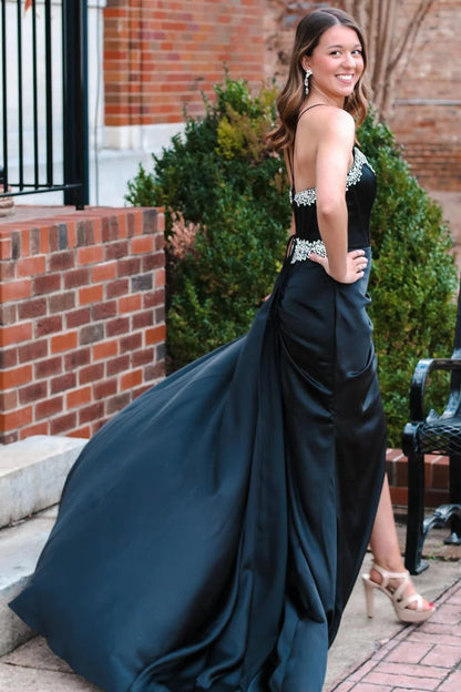 Black Satin Spaghetti Strap Prom Dress with Beaded Neckline and Side Slit