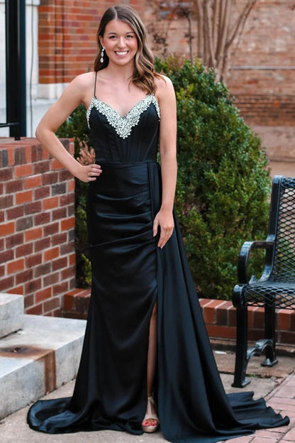 Black Satin Spaghetti Strap Prom Dress with Beaded Neckline and Side Slit