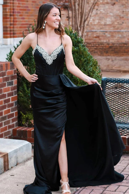 Black Satin Spaghetti Strap Prom Dress with Beaded Neckline and Side Slit