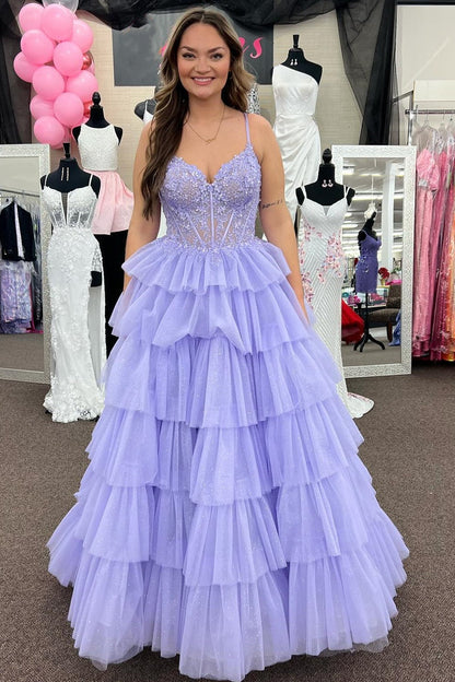 Tiered Ruffle Appliques Corset Long Prom Dress