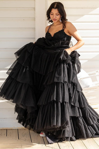 Tiered Ruffle Appliques Corset Long Prom Dress