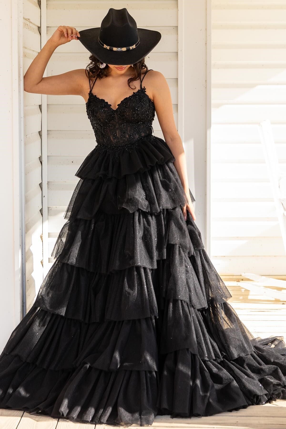 Tiered Ruffle Appliques Corset Long Prom Dress