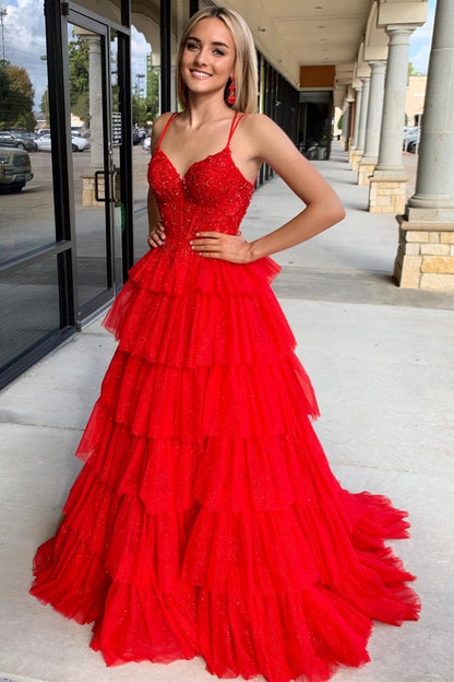 Tiered Ruffle Appliques Corset Long Prom Dress
